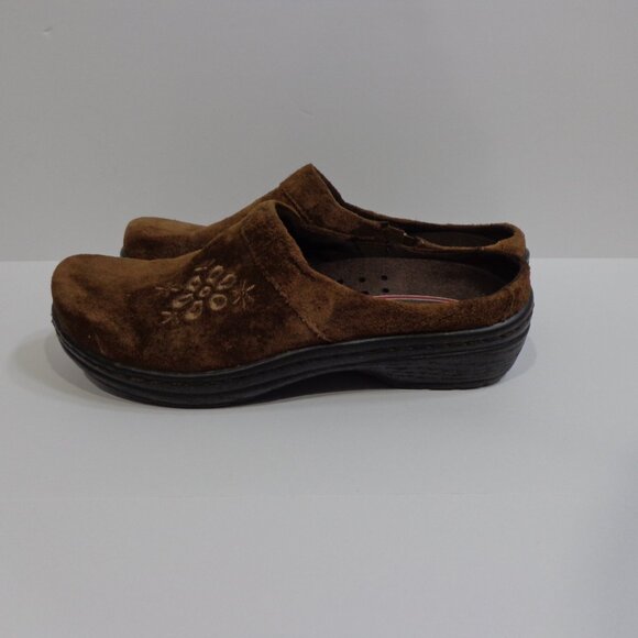 KLOGS Womens Brown Leather Suede Embroid Floral Mules Shoes Slip Resistant Sz 7M - Picture 2 of 7